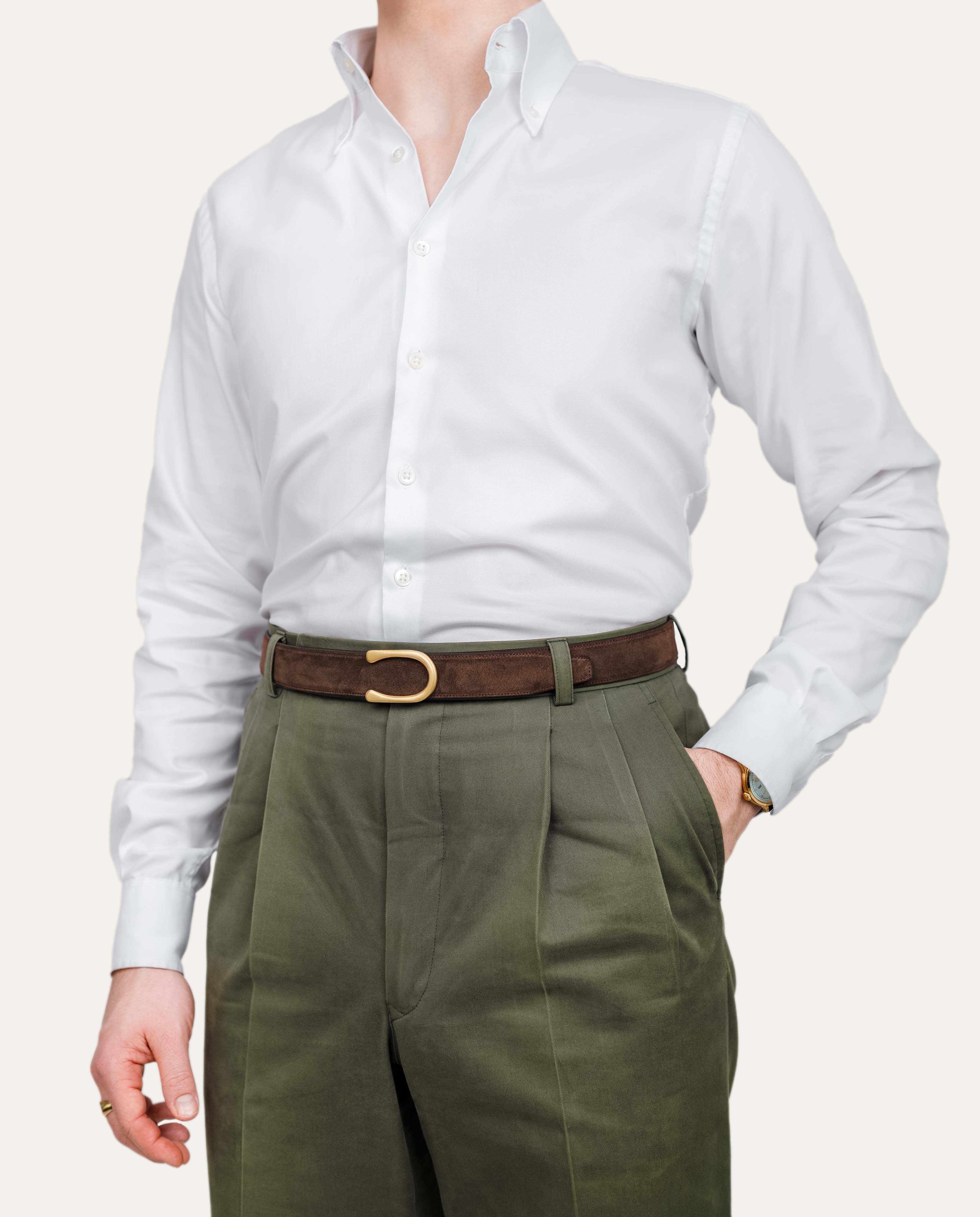 Modell 2 Gold Matt — Veloursleder Havannabraun