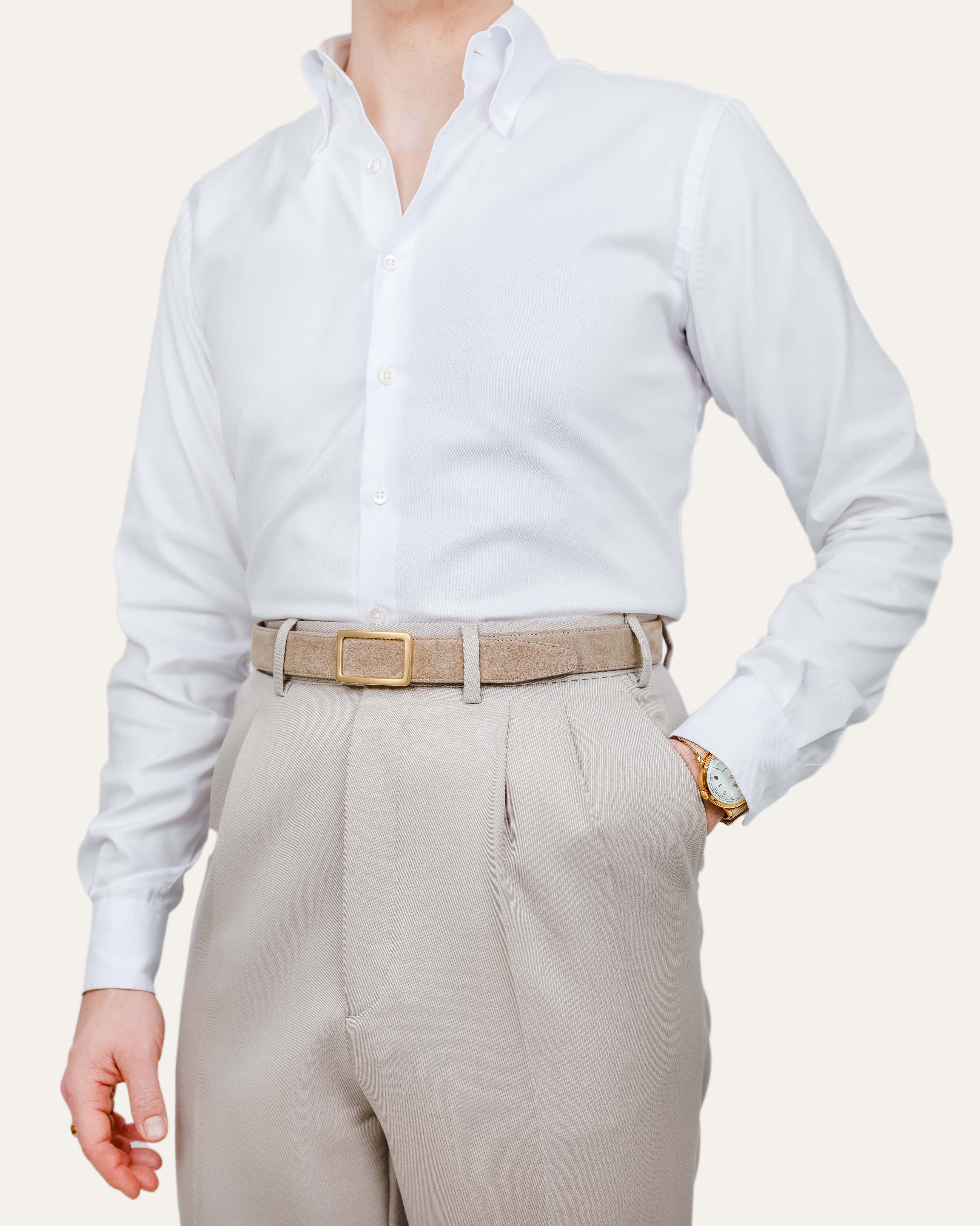 Modell 1 Gold Matt — Veloursleder Veronabeige